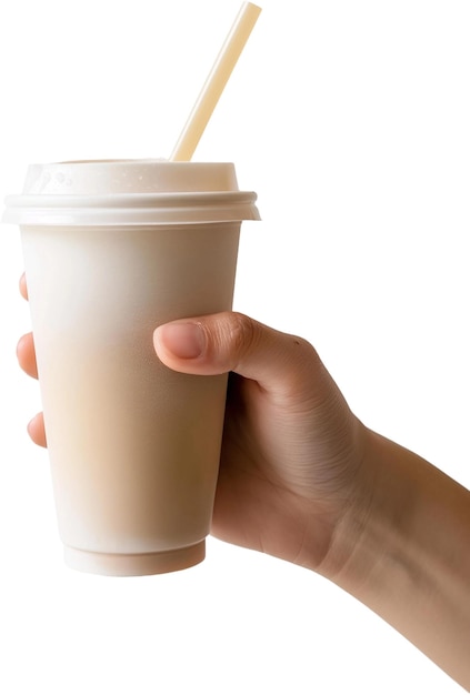 a person holding a cup with a straw on a white background