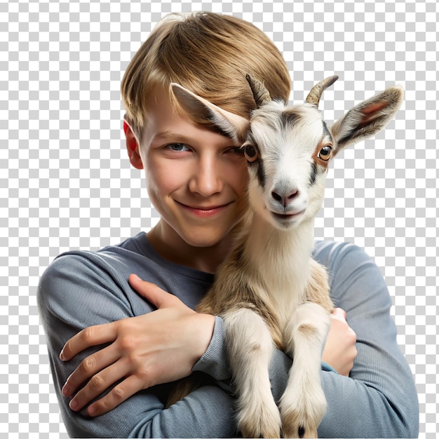 PSD person holding a goat isolated on transparent background