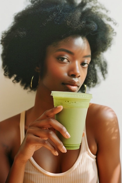 Person holding green drink mockup