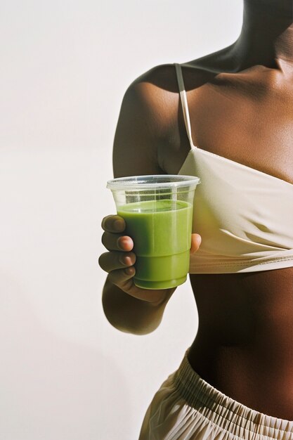 Person holding green drink mockup