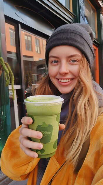 PSD person holding green drink mockup