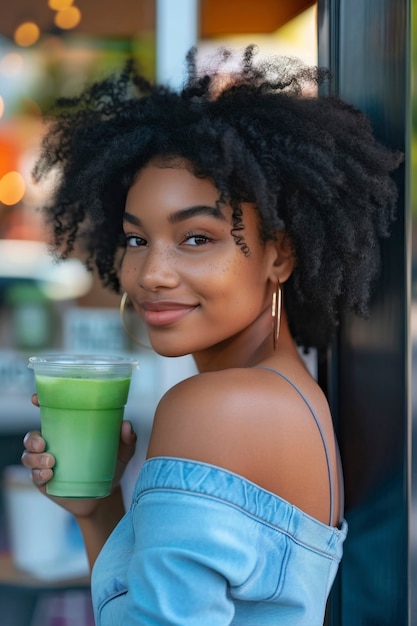 PSD person holding green drink mockup