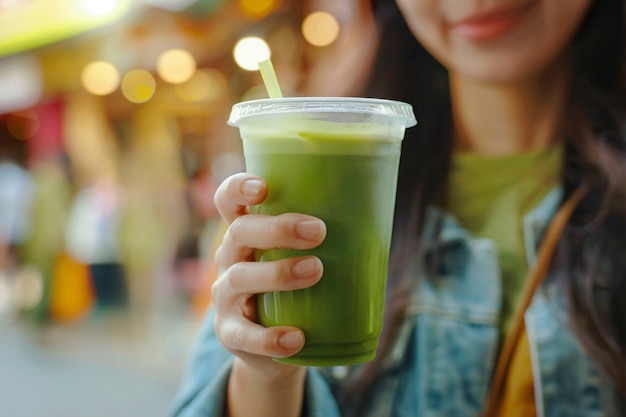 PSD person holding green drink mockup