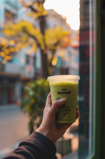 Person holding green drink mockup