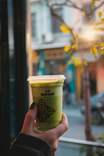 Person holding green drink mockup