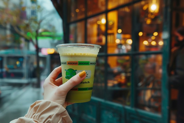 Person holding green drink mockup