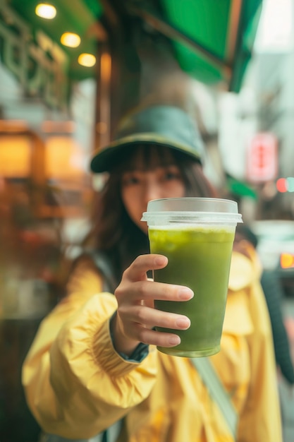 Person holding green drink mockup