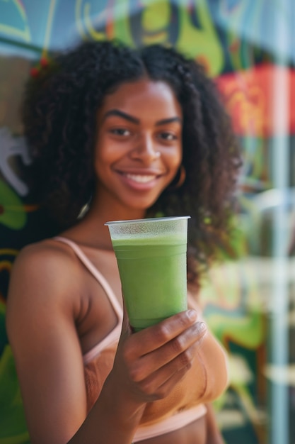 Person holding green drink mockup