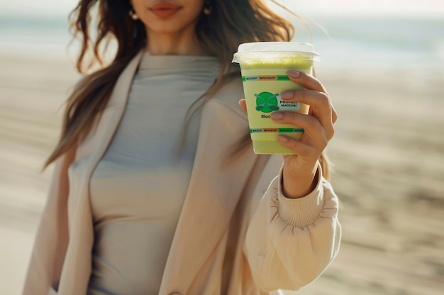 PSD person holding green drink mockup