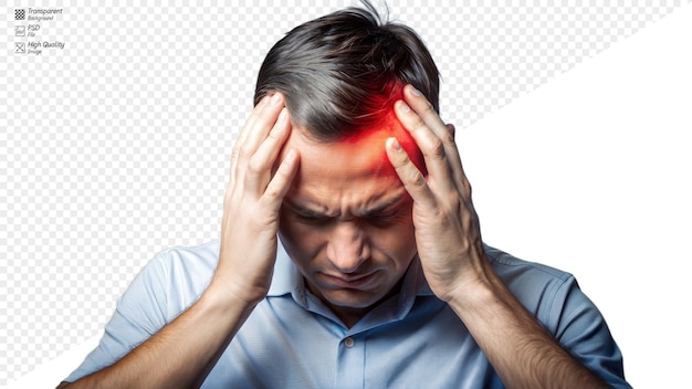 PSD person holding head in pain with red highlighted area on transparent background