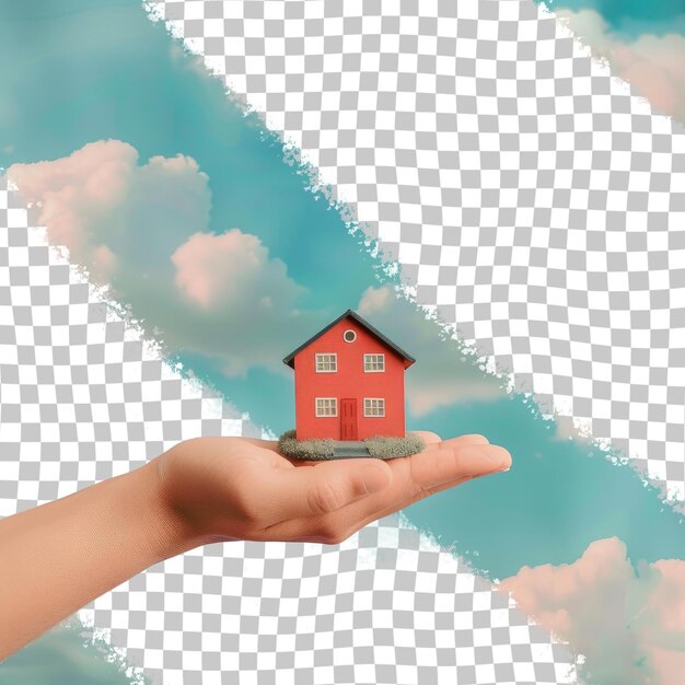 PSD a person holding a house in their hand with a blue sky in the background