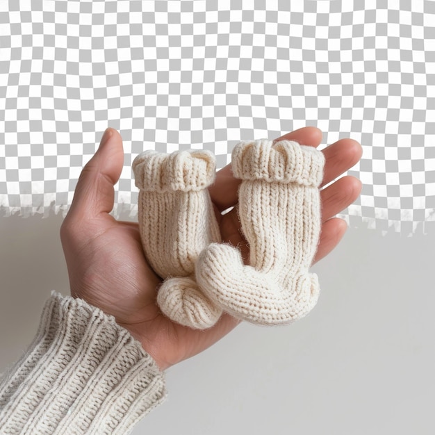 PSD a person holding a pair of baby mitts in their hand