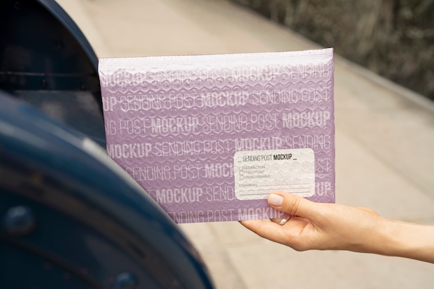 PSD person holding paper mail package