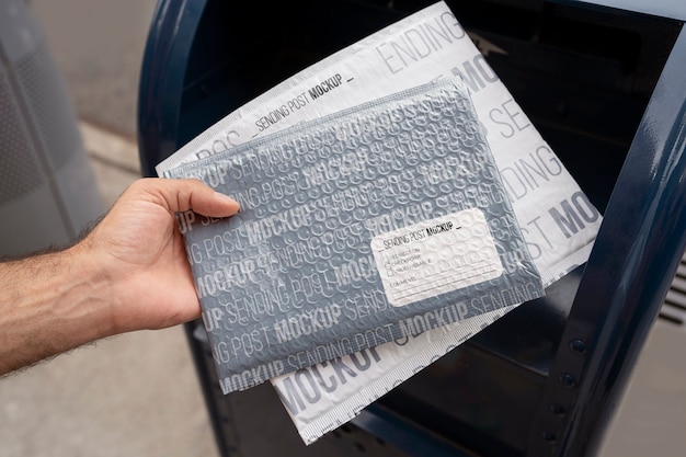 PSD person holding paper mail package