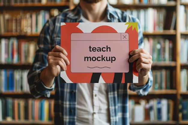 PSD person holding poster mockup in classroom