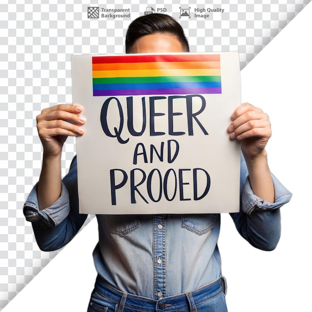 PSD person holding a sign that reads queer and proud with a pride rainbow design