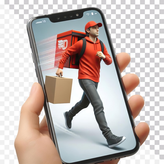 PSD a person holding a smart phone with a picture of a delivery man carrying a bag and box