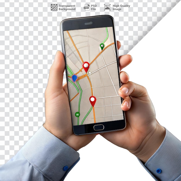 PSD person holding a smartphone showing a map with location pins