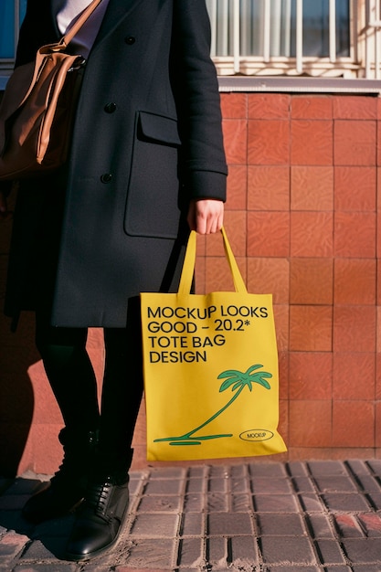 PSD person holding tote bag mockup design