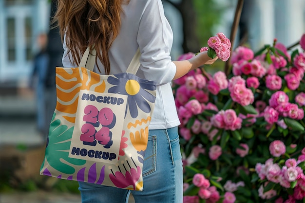 Person holding tote bag mockup