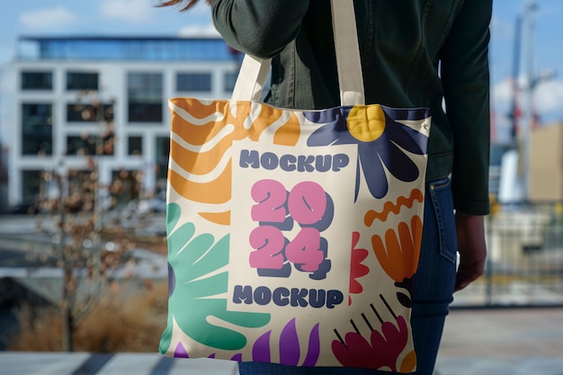 Person holding tote bag mockup