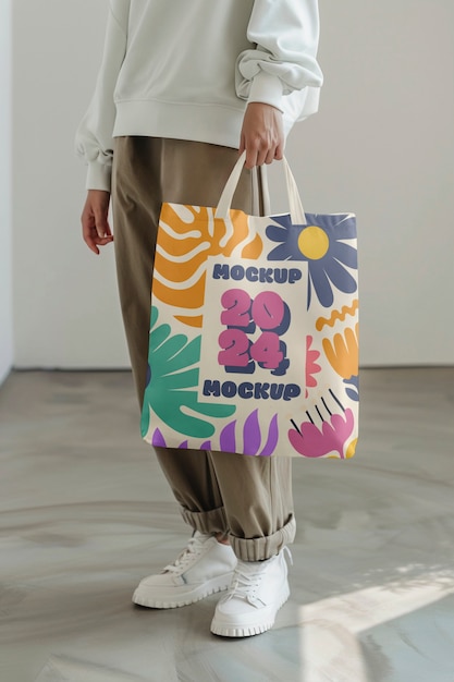 Person holding tote bag mockup