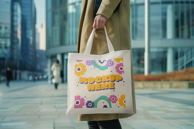 Person holding tote bag mockup