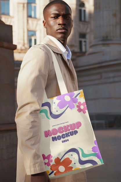 Person holding tote bag mockup