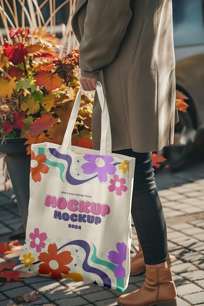 Person holding tote bag mockup