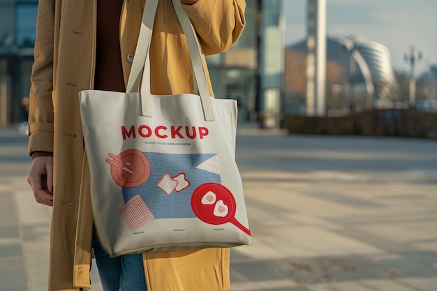 Person holding tote bag mockup