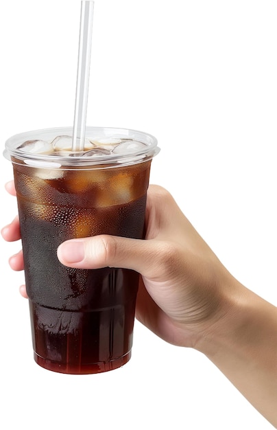 a person holds a plastic cup with a straw on a white background