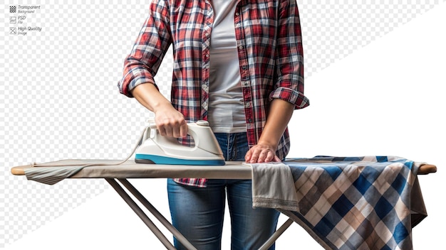 PSD person ironing clothes on ironing board with transparent background