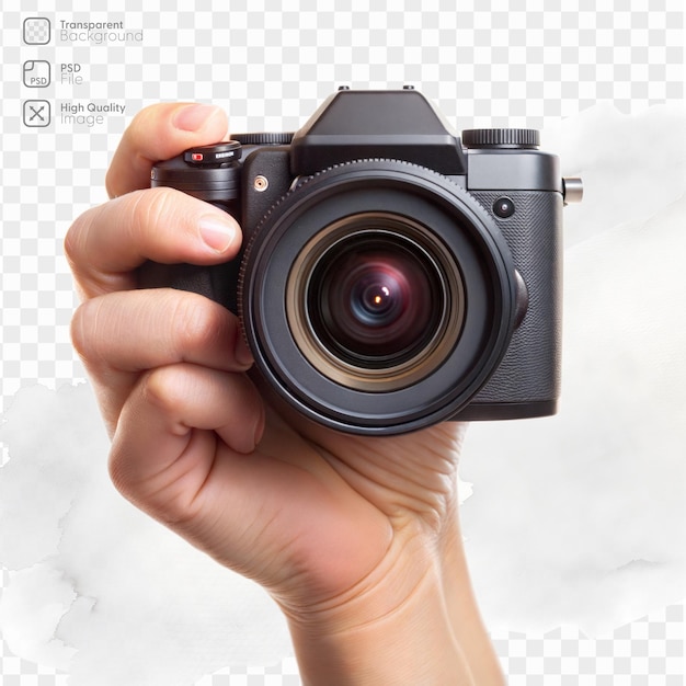 A person is holding a camera with a black lens