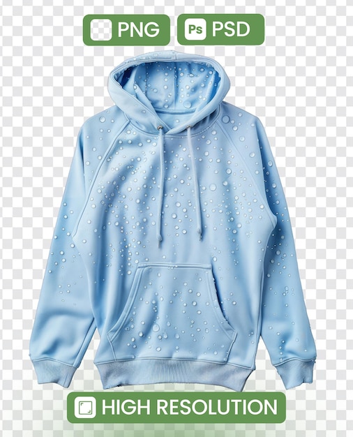 PSD a person is wearing a blue hoodie with water droplets on it