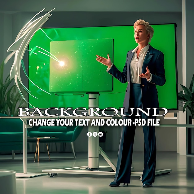 A person presenting with the green screen boardmonitor in the background