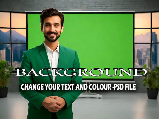 A person presenting with the green screen boardmonitor in the background