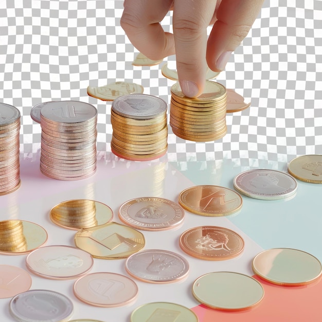 a person putting coins on a table with a person putting them on it