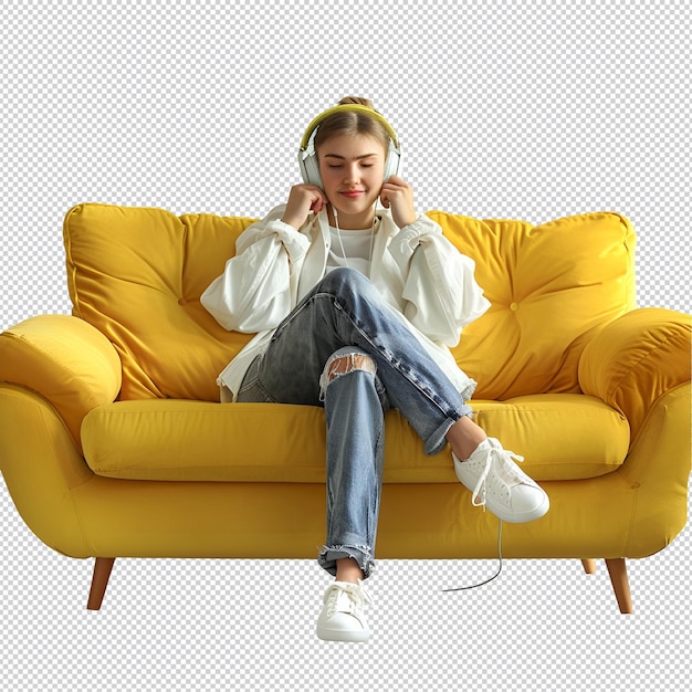 a person sitting on a yellow couch with headphones on their ears