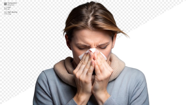 Person sneezing or rubbing their nose representing allergies on a transparent background