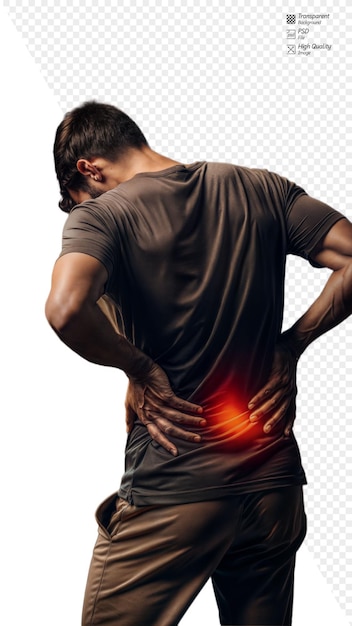 Person suffering from back pain with highlighted lower back on transparent background