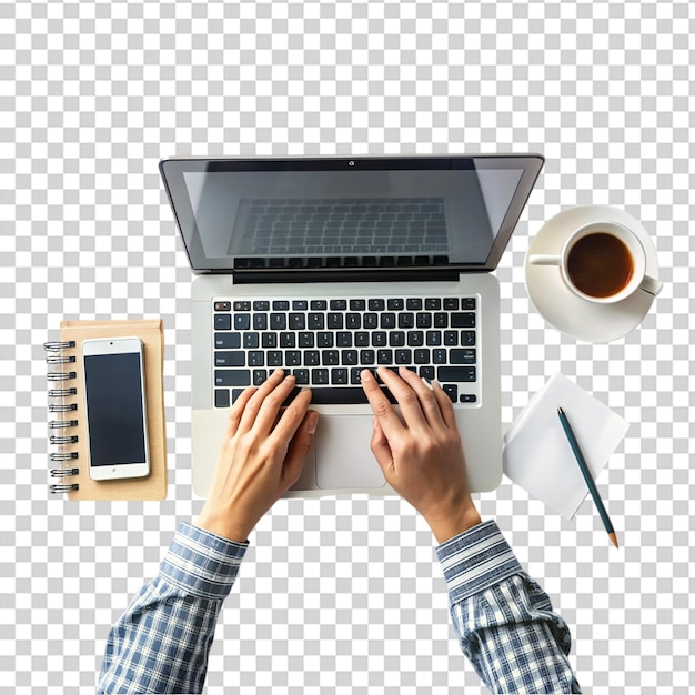 PSD a person typing on a laptop with a cup of coffee beside it on transparent background