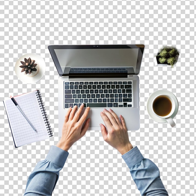 PSD a person typing on a laptop with a cup of coffee beside it on transparent background