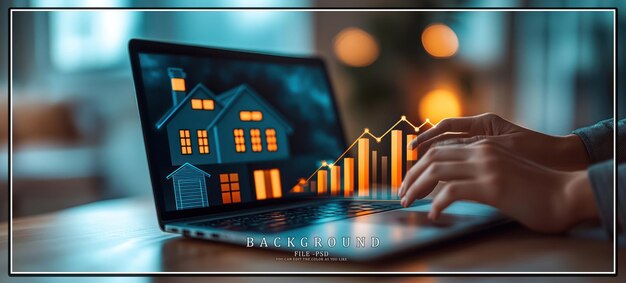 PSD person using a laptop to track real estate market growth a house icon with an upward graph displayed