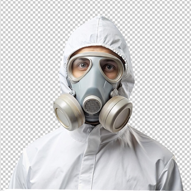 person wearing gass mask on transparent background