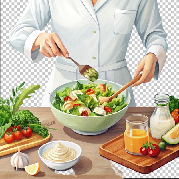 PSD person in white shirt dressing fresh salad with cream fresh healthy salad