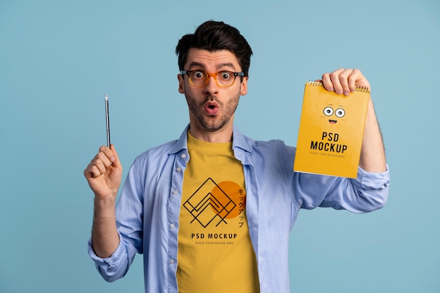 Person with shocked expression wearing tshirt mockup