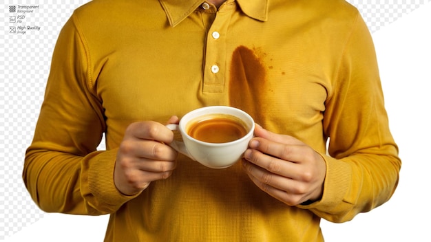 PSD person with a stain on their yellow shirt holding a cup of coffee on a transparent background