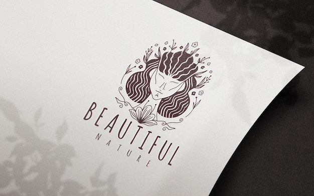 Perspective curved paper with flower shadows logo mockup