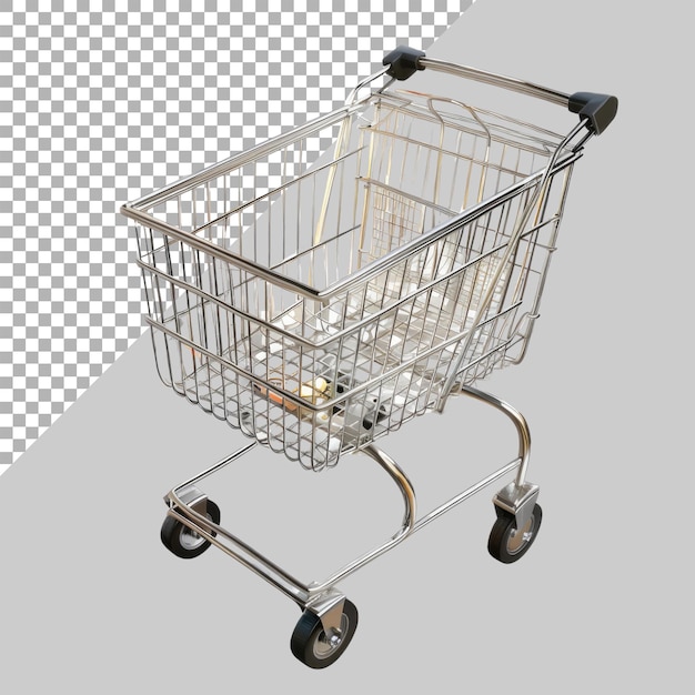 Perspective view empty shopping cart 3D render isolated without background PNG