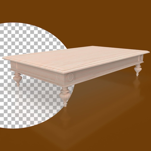 Perspective view low wooden coffee table on transparent background